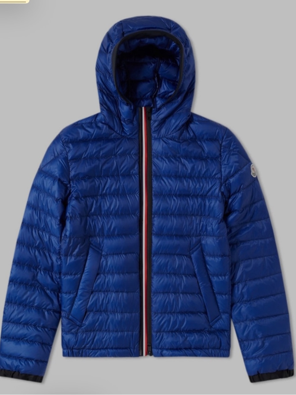 Moncler MORVAN GIUBBOTTO Blue Hooded Puffer Jacket with Tricolour Zip